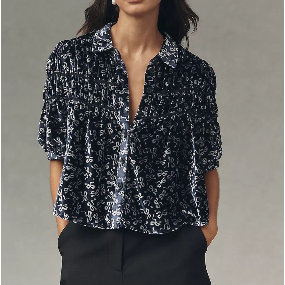 Anthropologie The Leandra Velvet Shirred Yoke Blouse by Maeve